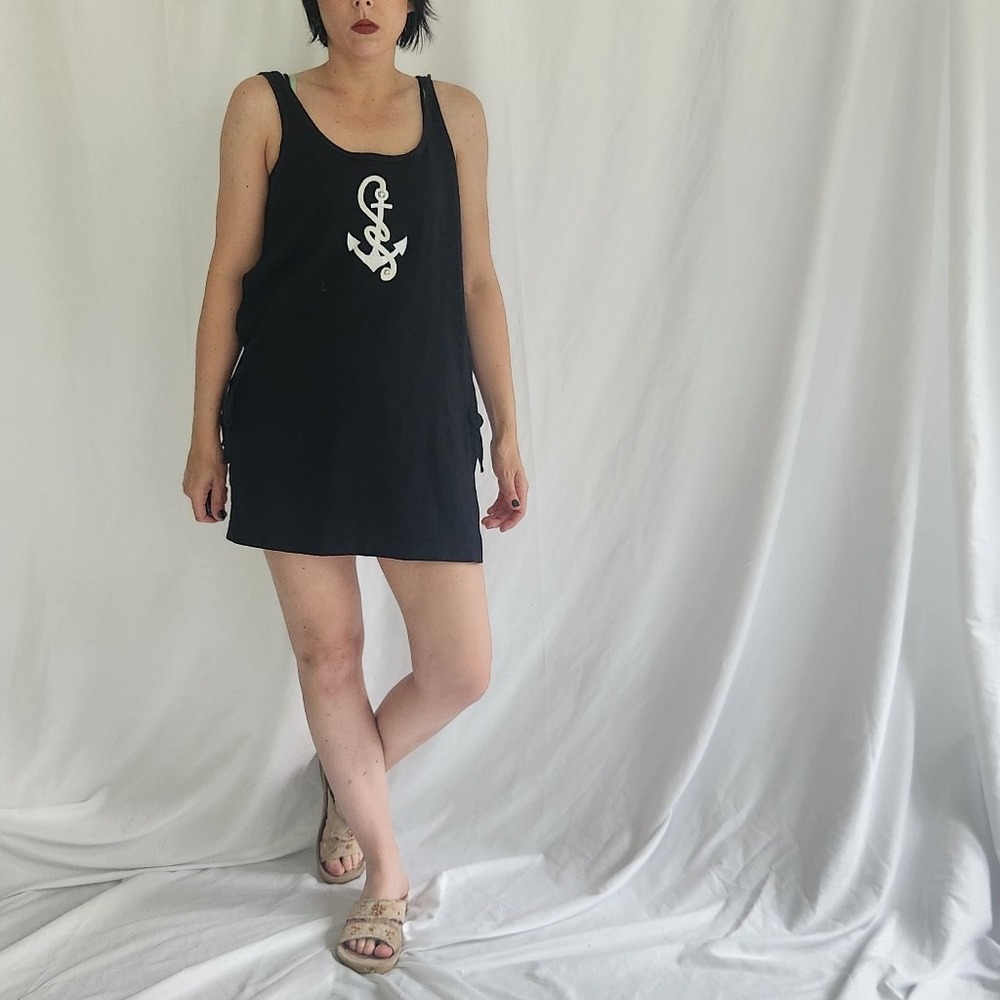 90s Black and White Cotton Swim Cover with Anchor